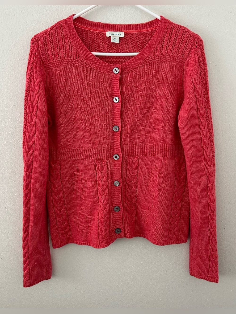 Sundance Villa Cardigan Sweater Petite S Coral Pink Cable Knit Wool Alpaca Blend